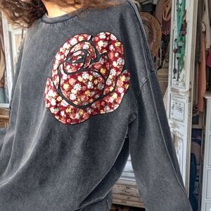 Distressed Floral patchwork Applique Black boho Top blouse 100% cotton Xl new